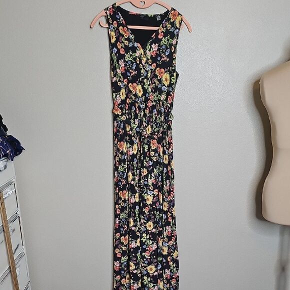 NWT Tahari Sunray Garden Sunflower Print Sleeveless V-Neck Plisse Maxi Dress XS - Picture 2 of 9